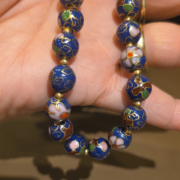 Vintage Cloisonné Bead Necklace — Navy Blue and Pink Floral - Picture 2 of 5